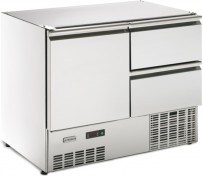 Kühltisch, 1 Tür, 2 Schubladen GN 1/1, ohne Arbeitsplatte steckerfertig, Korpushöhe: 800 mm, Tiefe: 700 mm passend für GN 1/1