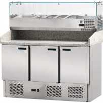Pizzatisch mit Kühlaufsatz, drei Türen, für 6 x GN 1/4 (150 mm) 1400 x 700 x 1450 mm (BxTxH)