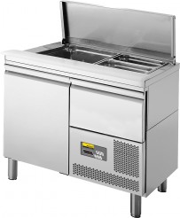 Saladette, 1 Tür, mit Schublade über dem Maschinenfach für 2 x GN 1/1 und 3 x GN 1/4